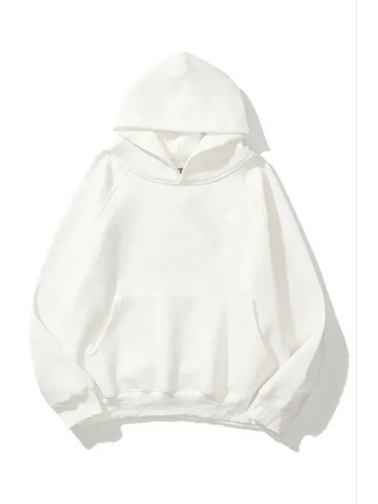 3 İplik Pamuklu Unisex Kapşonlu Sweetshirt - Beyaz 3 İplik Pamuklu Unisex Kapşonlu Sweetshirt - Beyaz