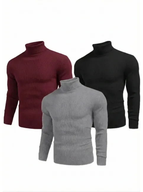 3'lü Siyah, Bordo, Gri Unisex Kaşkorse Boğazlı Full Likralı Fitilli Body Kazak
