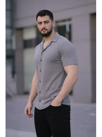 Erkek Waffle Kumaş Kısa Kollu Düğmeli Açık Yaka Regular Fit Gömlek - Gri Erkek Waffle Kumaş Kısa Kollu Düğmeli Açık Yaka Regular Fit Gömlek - Gri