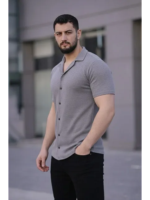 Erkek Waffle Kumaş Kısa Kollu Düğmeli Açık Yaka Regular Fit Gömlek - Gri