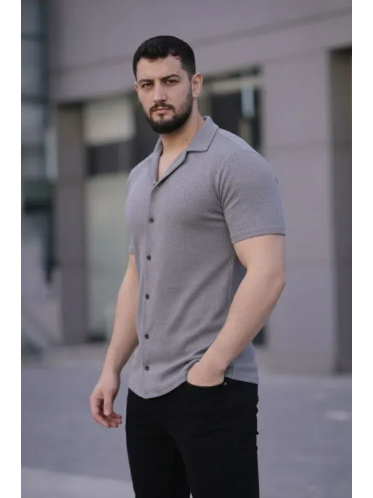 Erkek Waffle Kumaş Kısa Kollu Düğmeli Açık Yaka Regular Fit Gömlek - Gri