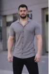 Erkek Waffle Kumaş Kısa Kollu Düğmeli Açık Yaka Regular Fit Gömlek - Gri