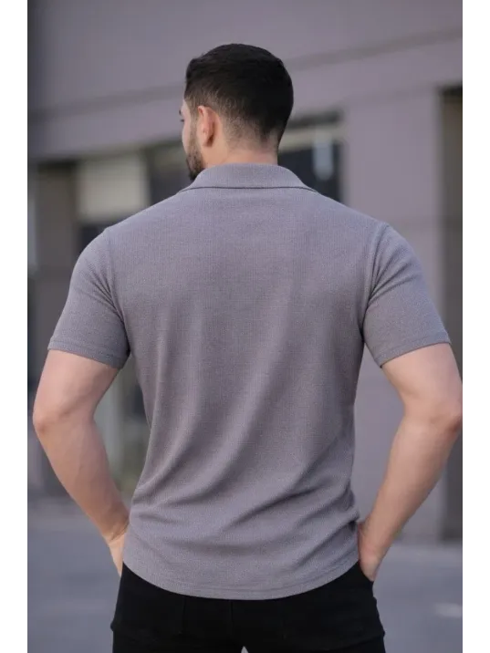 Erkek Waffle Kumaş Kısa Kollu Düğmeli Açık Yaka Regular Fit Gömlek - Gri