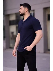 Erkek Waffle Kumaş Kısa Kollu Düğmeli Açık Yaka Regular Fit Gömlek - Lacivert