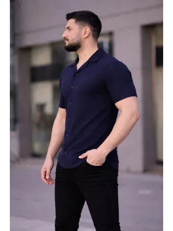 Erkek Waffle Kumaş Kısa Kollu Düğmeli Açık Yaka Regular Fit Gömlek - Lacivert