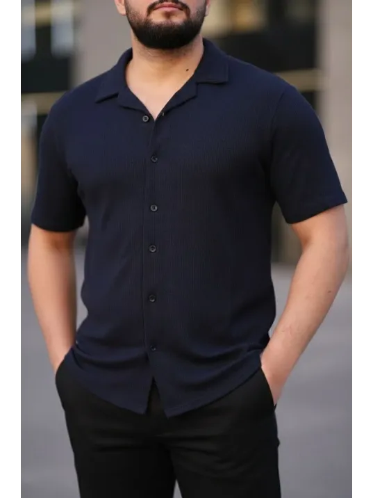Erkek Waffle Kumaş Kısa Kollu Düğmeli Açık Yaka Regular Fit Gömlek - Lacivert Erkek Waffle Kumaş Kısa Kollu Düğmeli Açık Yaka Regular Fit Gömlek - Lacivert