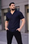 Erkek Waffle Kumaş Kısa Kollu Düğmeli Açık Yaka Regular Fit Gömlek - Lacivert Erkek Waffle Kumaş Kısa Kollu Düğmeli Açık Yaka Regular Fit Gömlek - Lacivert