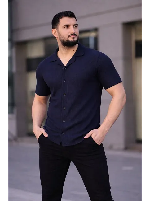 Erkek Waffle Kumaş Kısa Kollu Düğmeli Açık Yaka Regular Fit Gömlek - Lacivert