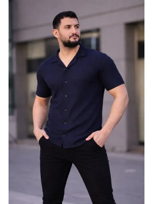 Erkek Waffle Kumaş Kısa Kollu Düğmeli Açık Yaka Regular Fit Gömlek - Lacivert Erkek Waffle Kumaş Kısa Kollu Düğmeli Açık Yaka Regular Fit Gömlek - Lacivert