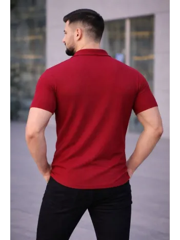 Erkek Waffle Kumaş Kısa Kollu Düğmeli Açık Yaka Regular Fit Gömlek - Kırmızı