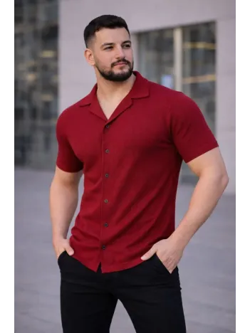 Erkek Waffle Kumaş Kısa Kollu Düğmeli Açık Yaka Regular Fit Gömlek - Kırmızı