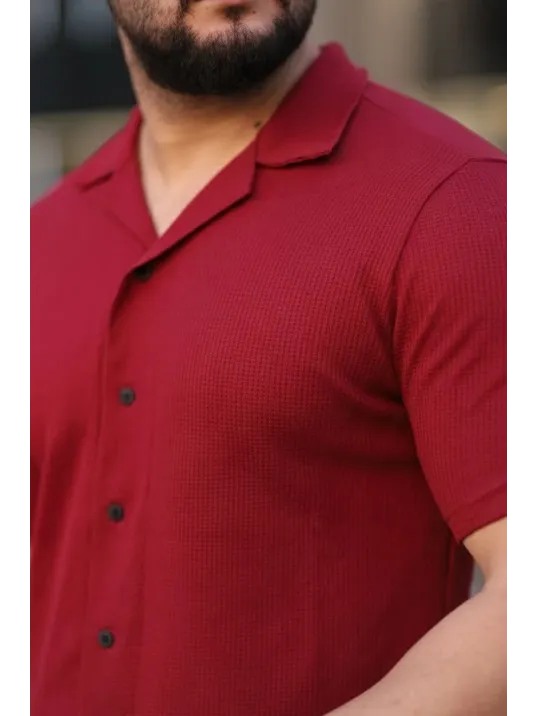 Erkek Waffle Kumaş Kısa Kollu Düğmeli Açık Yaka Regular Fit Gömlek - Kırmızı