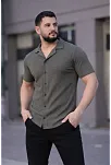 Erkek Waffle Kumaş Kısa Kollu Düğmeli Açık Yaka Regular Fit Gömlek - Haki