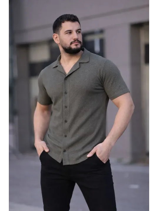 Erkek Waffle Kumaş Kısa Kollu Düğmeli Açık Yaka Regular Fit Gömlek - Haki