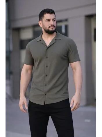 Erkek Waffle Kumaş Kısa Kollu Düğmeli Açık Yaka Regular Fit Gömlek - Haki