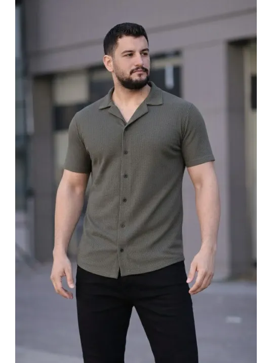 Erkek Waffle Kumaş Kısa Kollu Düğmeli Açık Yaka Regular Fit Gömlek - Haki