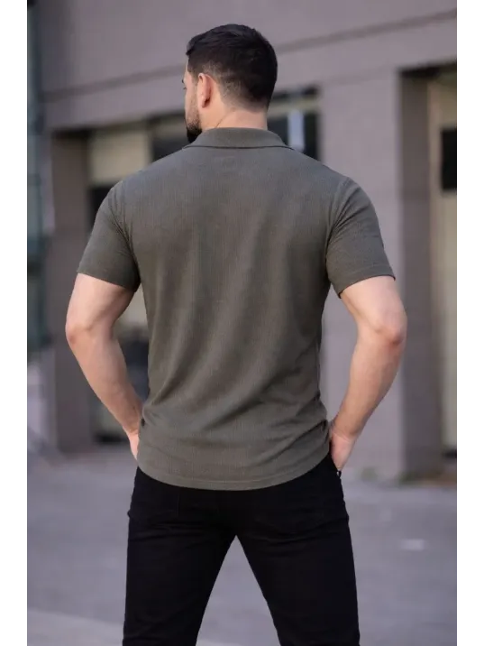 Erkek Waffle Kumaş Kısa Kollu Düğmeli Açık Yaka Regular Fit Gömlek - Haki