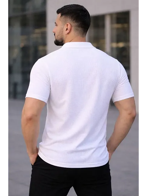 Erkek Waffle Kumaş Kısa Kollu Düğmeli Açık Yaka Regular Fit Gömlek - Beyaz