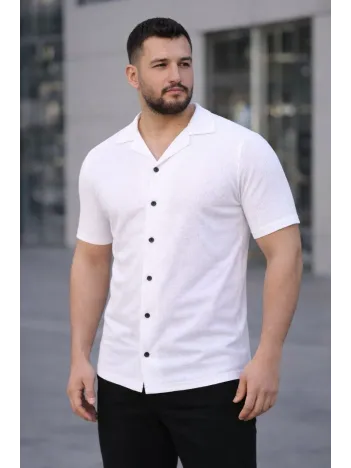 Erkek Waffle Kumaş Kısa Kollu Düğmeli Açık Yaka Regular Fit Gömlek - Beyaz