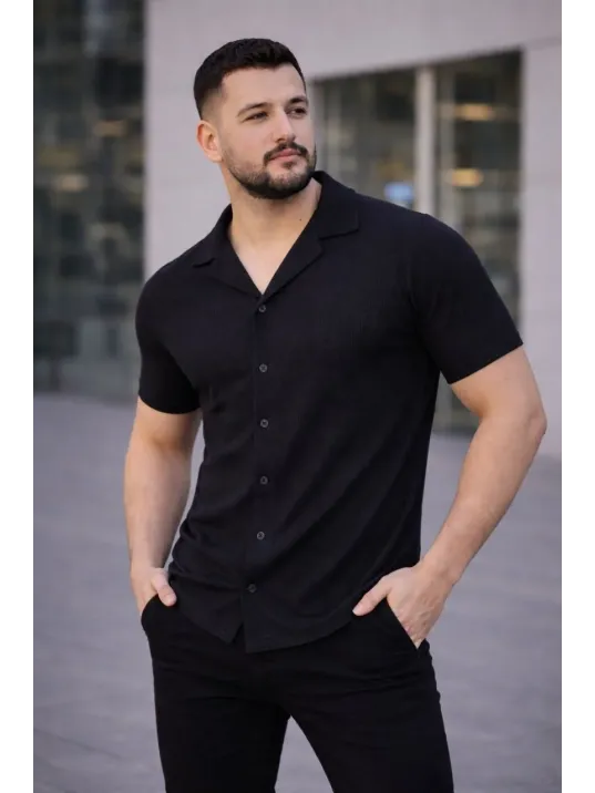 Erkek Waffle Kumaş Kısa Kollu Düğmeli Açık Yaka Regular Fit Gömlek - Siyah