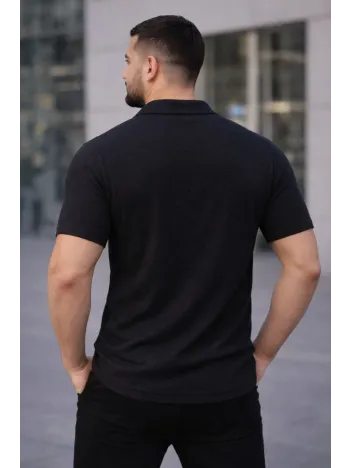 Erkek Waffle Kumaş Kısa Kollu Düğmeli Açık Yaka Regular Fit Gömlek - Siyah