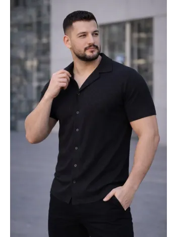 Erkek Waffle Kumaş Kısa Kollu Düğmeli Açık Yaka Regular Fit Gömlek - Siyah