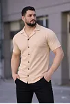 Erkek Waffle Kumaş Kısa Kollu Düğmeli Açık Yaka Regular Fit Gömlek - Bej