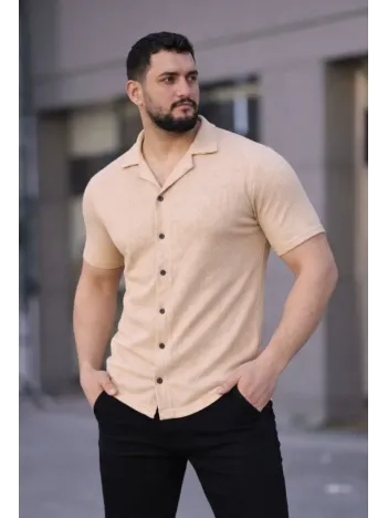 Erkek Waffle Kumaş Kısa Kollu Düğmeli Açık Yaka Regular Fit Gömlek - Bej