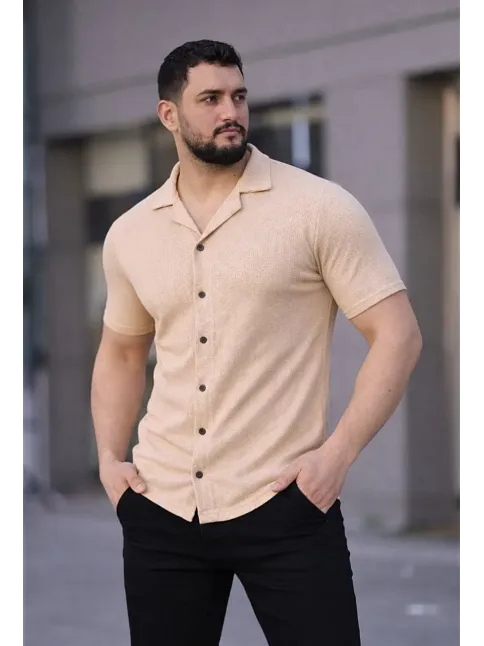 Erkek Waffle Kumaş Kısa Kollu Düğmeli Açık Yaka Regular Fit Gömlek - Bej