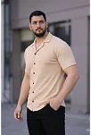 Erkek Waffle Kumaş Kısa Kollu Düğmeli Açık Yaka Regular Fit Gömlek - Bej