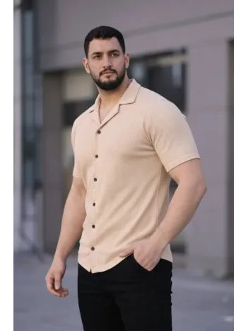 Erkek Waffle Kumaş Kısa Kollu Düğmeli Açık Yaka Regular Fit Gömlek - Bej