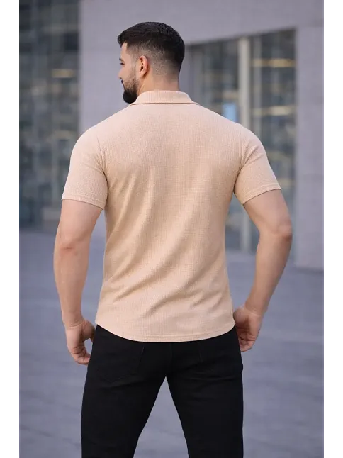 Erkek Waffle Kumaş Kısa Kollu Düğmeli Açık Yaka Regular Fit Gömlek - Bej