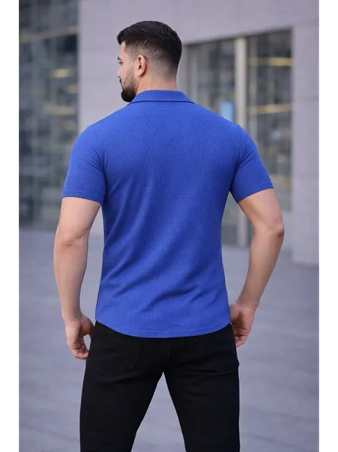 Erkek Waffle Kumaş Kısa Kollu Düğmeli Açık Yaka Regular Fit Gömlek - Saks Mavisi