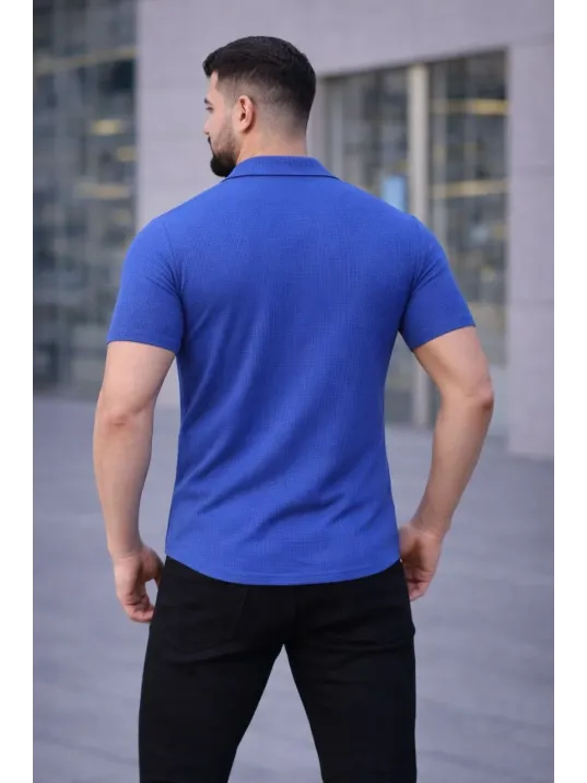 Erkek Waffle Kumaş Kısa Kollu Düğmeli Açık Yaka Regular Fit Gömlek - Saks Mavisi
