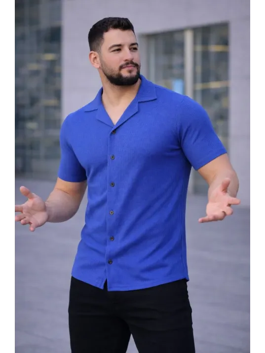 Erkek Waffle Kumaş Kısa Kollu Düğmeli Açık Yaka Regular Fit Gömlek - Saks Mavisi