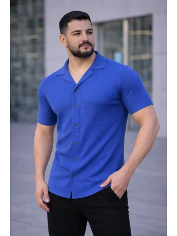 Erkek Waffle Kumaş Kısa Kollu Düğmeli Açık Yaka Regular Fit Gömlek - Saks Mavisi