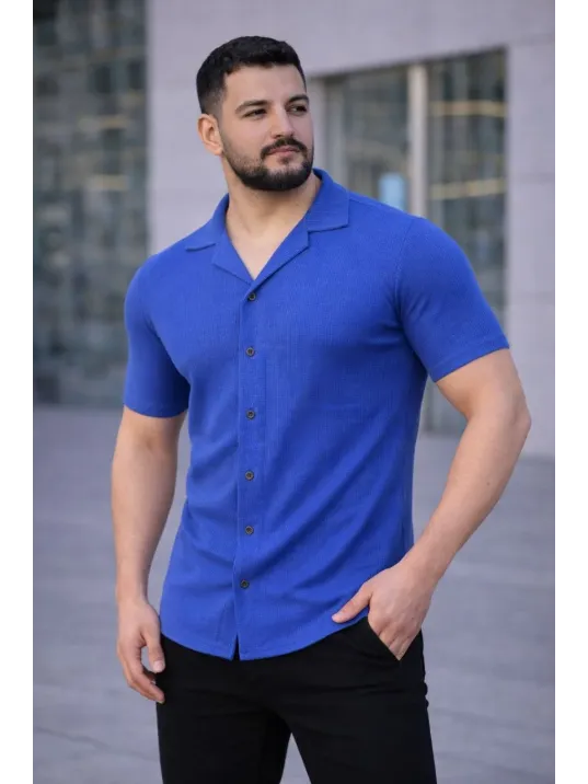 Erkek Waffle Kumaş Kısa Kollu Düğmeli Açık Yaka Regular Fit Gömlek - Saks Mavisi