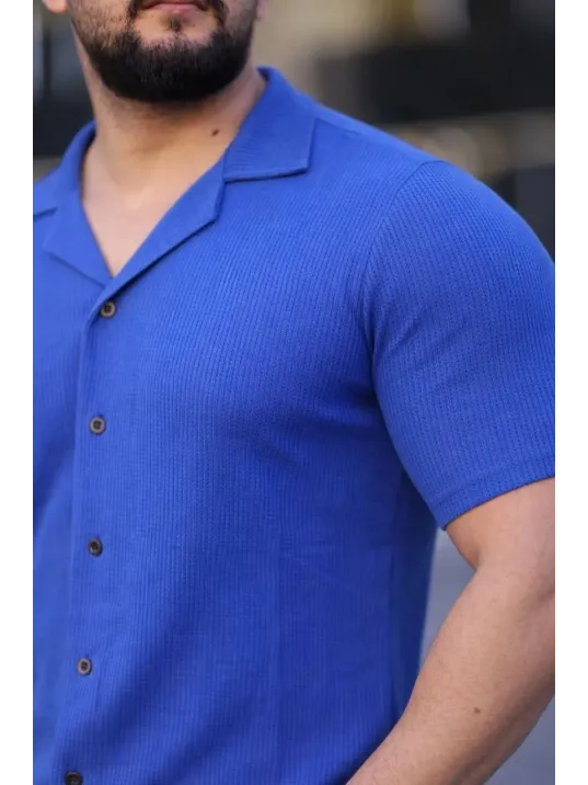 Erkek Waffle Kumaş Kısa Kollu Düğmeli Açık Yaka Regular Fit Gömlek - Saks Mavisi