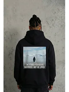 Siyah Oversize Hoodie - Sırt Baskılı "survivor Penguin" Temalı, Felsefi Yazılı Kapüşonlu Sweatshirt - Siyah