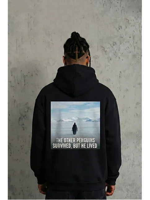 Siyah Oversize Hoodie - Sırt Baskılı "survivor Penguin" Temalı, Felsefi Yazılı Kapüşonlu Sweatshirt - Siyah