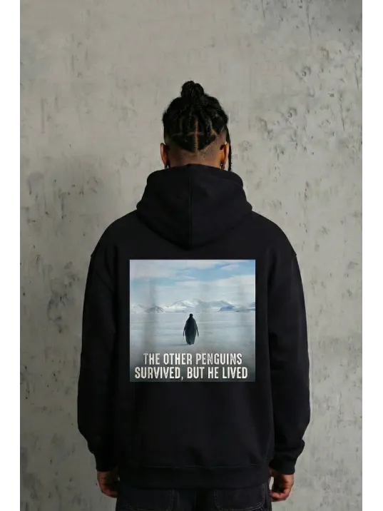 Siyah Oversize Hoodie - Sırt Baskılı "survivor Penguin" Temalı, Felsefi Yazılı Kapüşonlu Sweatshirt - Siyah