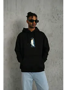 Siyah Oversize Hoodie - Sırt Baskılı "survivor Penguin" Temalı, Felsefi Yazılı Kapüşonlu Sweatshirt - Siyah