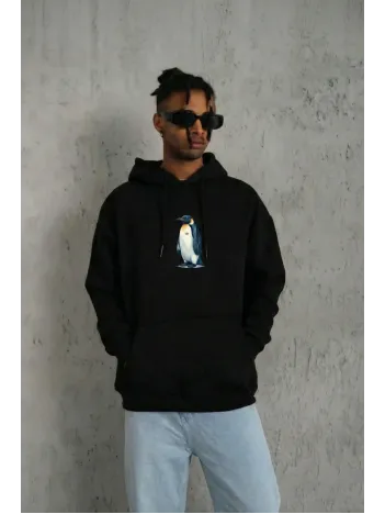 Siyah Oversize Hoodie - Sırt Baskılı "survivor Penguin" Temalı, Felsefi Yazılı Kapüşonlu Sweatshirt - Siyah