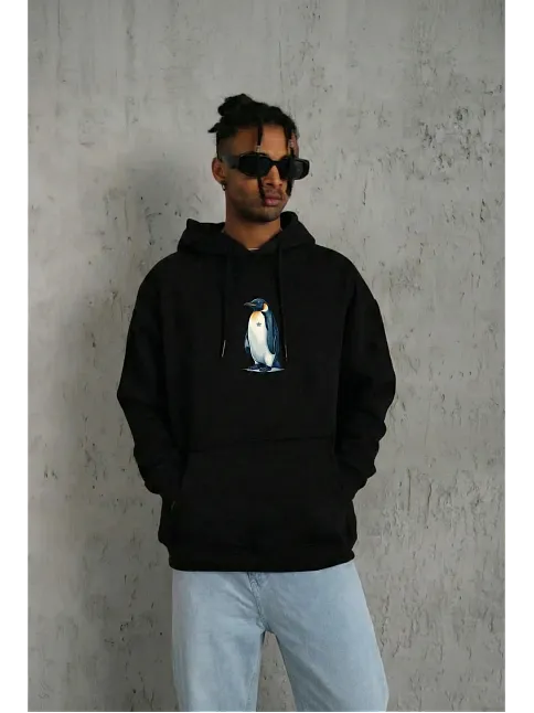 Siyah Oversize Hoodie - Sırt Baskılı "survivor Penguin" Temalı, Felsefi Yazılı Kapüşonlu Sweatshirt - Siyah