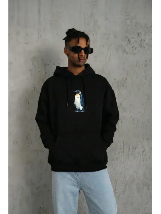 Siyah Oversize Hoodie - Sırt Baskılı "survivor Penguin" Temalı, Felsefi Yazılı Kapüşonlu Sweatshirt - Siyah