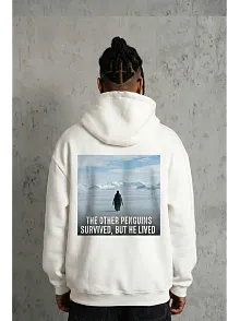 Siyah Oversize Hoodie - Sırt Baskılı "survivor Penguin" Temalı, Felsefi Yazılı Kapüşonlu Sweatshirt - Beyaz