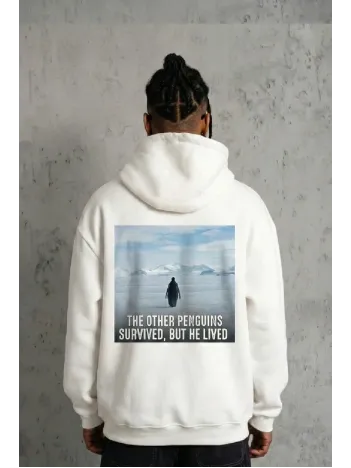 Siyah Oversize Hoodie - Sırt Baskılı "survivor Penguin" Temalı, Felsefi Yazılı Kapüşonlu Sweatshirt - Beyaz
