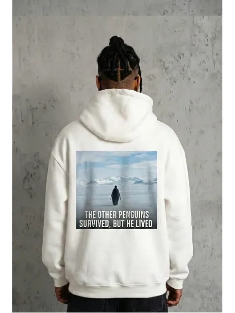 Siyah Oversize Hoodie - Sırt Baskılı "survivor Penguin" Temalı, Felsefi Yazılı Kapüşonlu Sweatshirt - Beyaz