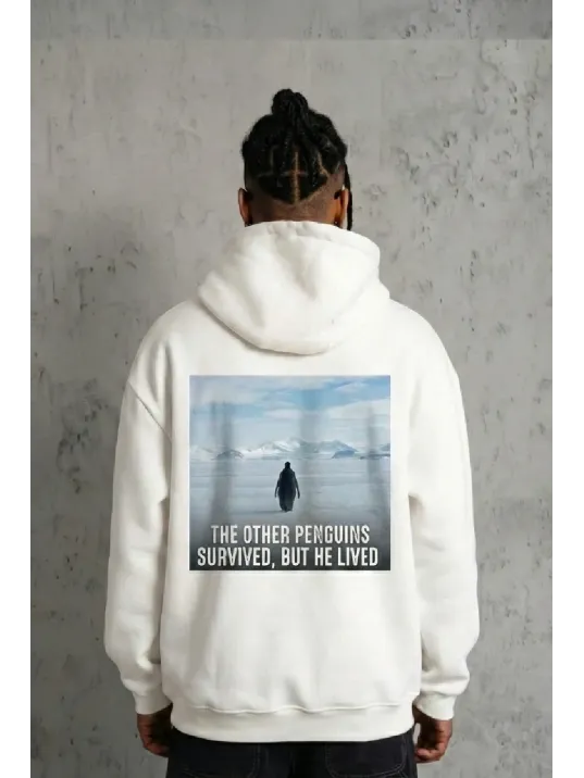 Siyah Oversize Hoodie - Sırt Baskılı "survivor Penguin" Temalı, Felsefi Yazılı Kapüşonlu Sweatshirt - Beyaz Siyah Oversize Hoodie - Sırt Baskılı "survivor Penguin" Temalı, Felsefi Yazılı Kapüşonlu Sweatshirt - Beyaz