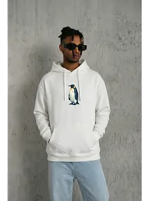 Siyah Oversize Hoodie - Sırt Baskılı "survivor Penguin" Temalı, Felsefi Yazılı Kapüşonlu Sweatshirt - Beyaz